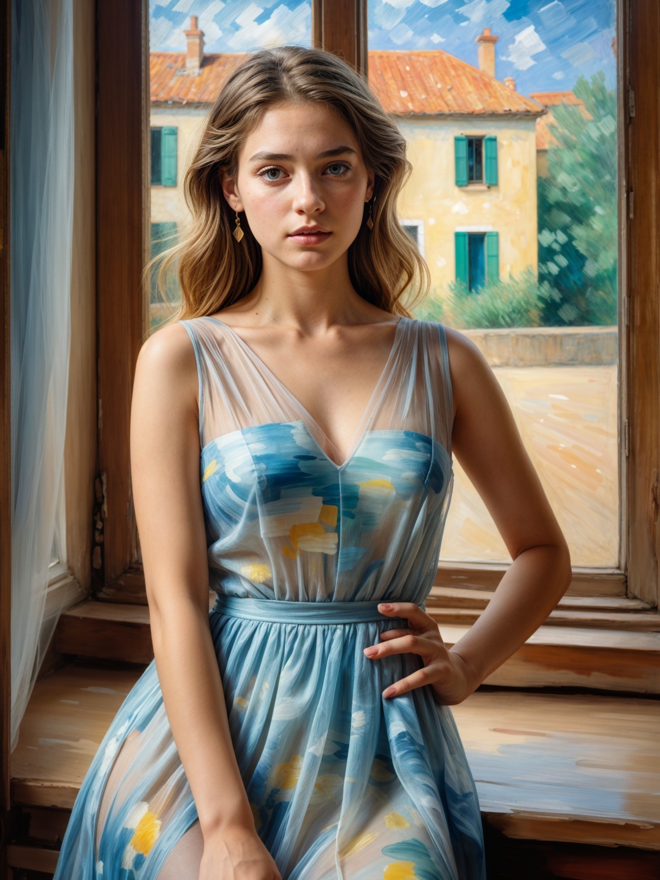 Young Woman in Floral Gown by Window with Countryside View