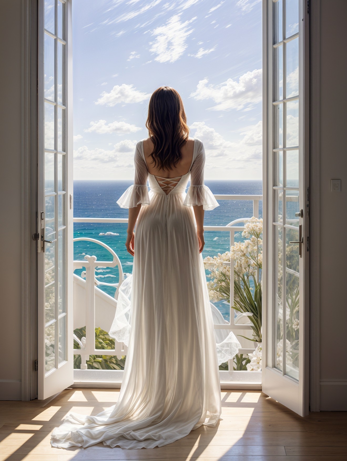 Woman in White Dress on Ocean View Balcony