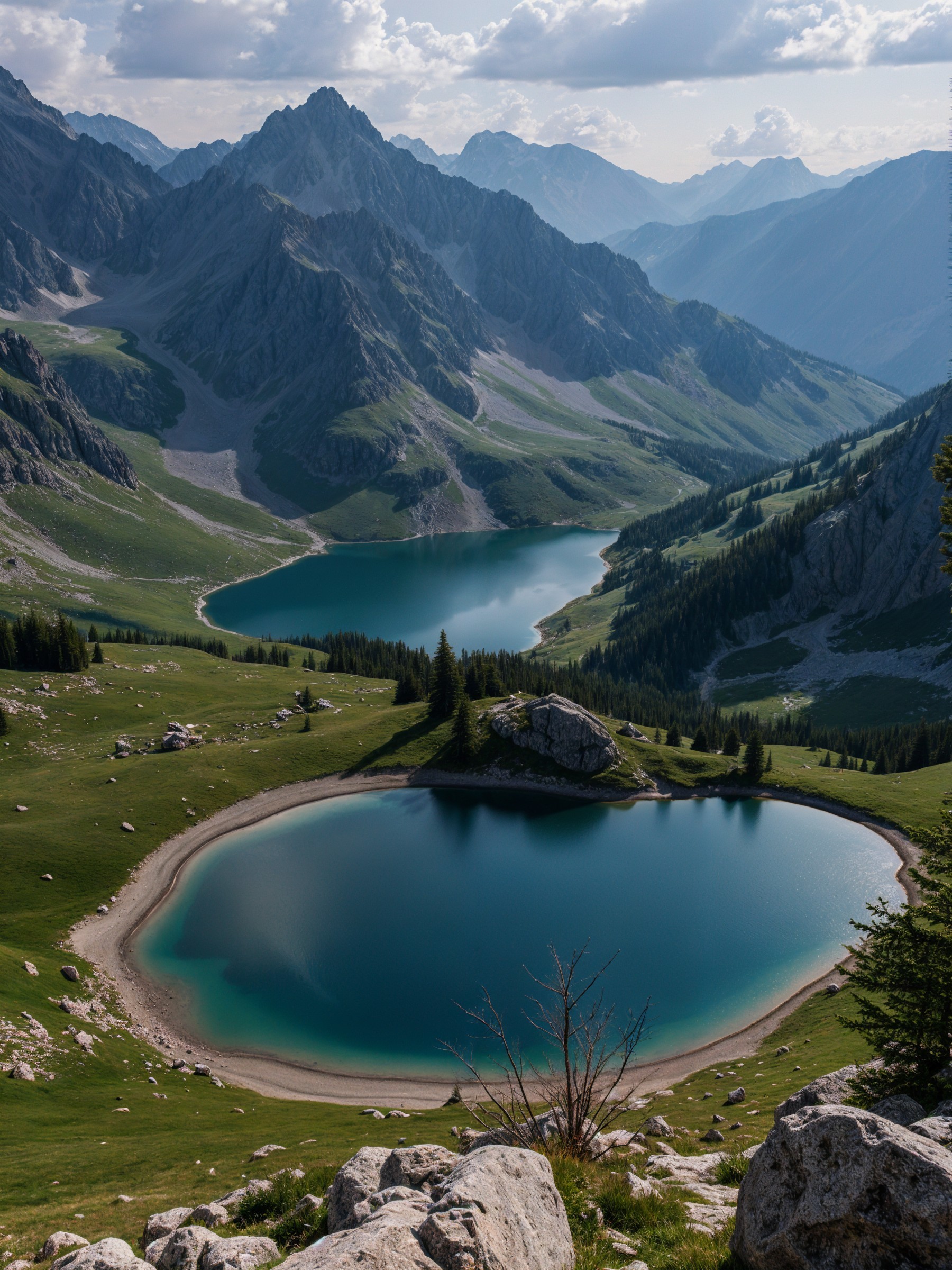 Alpine Lakes Surrounded by Majestic Mountains and Grass