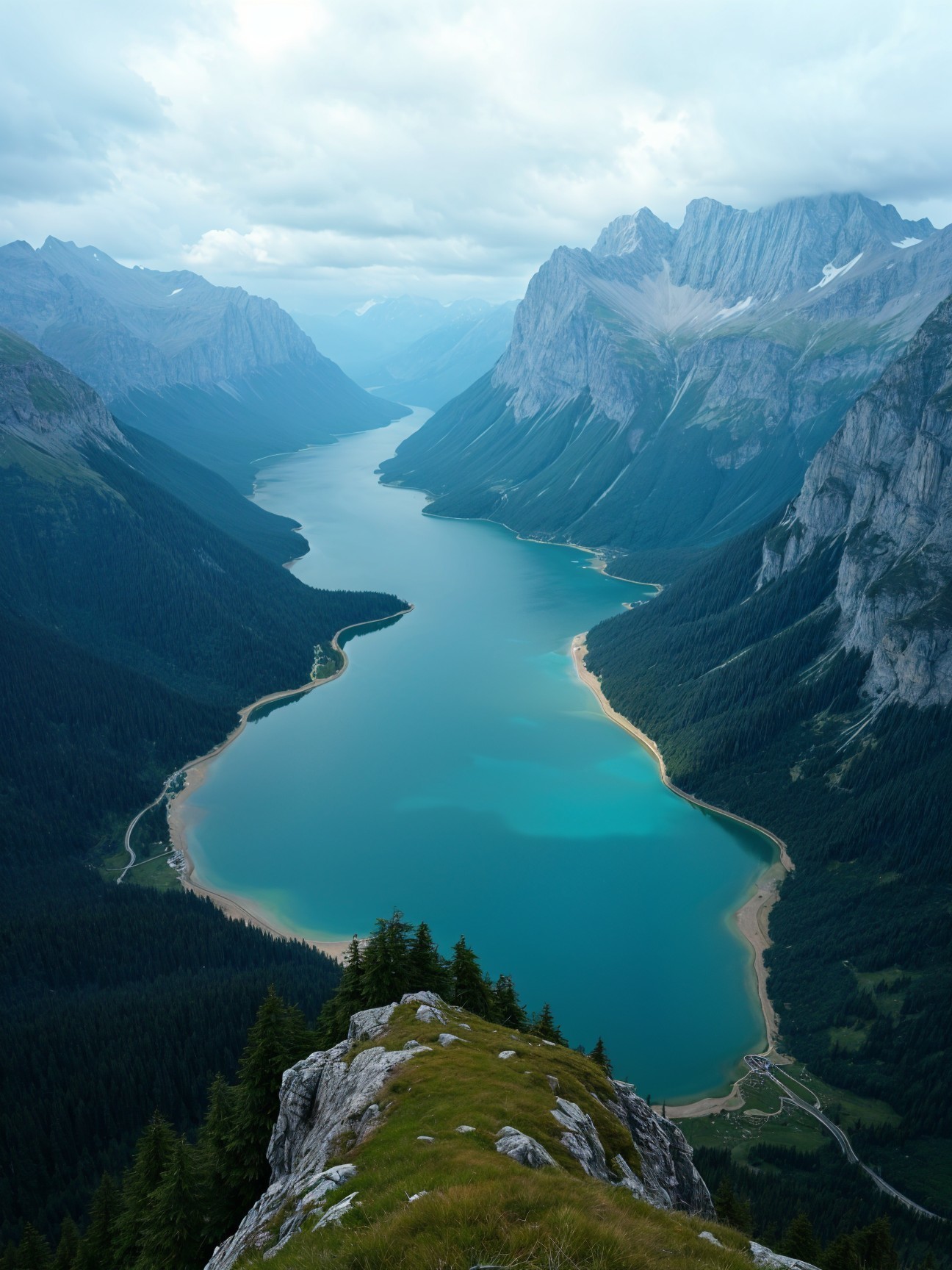 Aerial View of Turquoise Lake Surrounded by Mountains