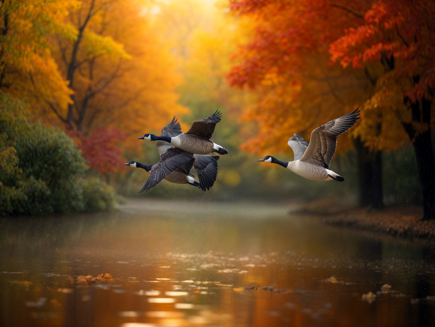 Geese Flying Over Autumn Foliage and Tranquil Pond