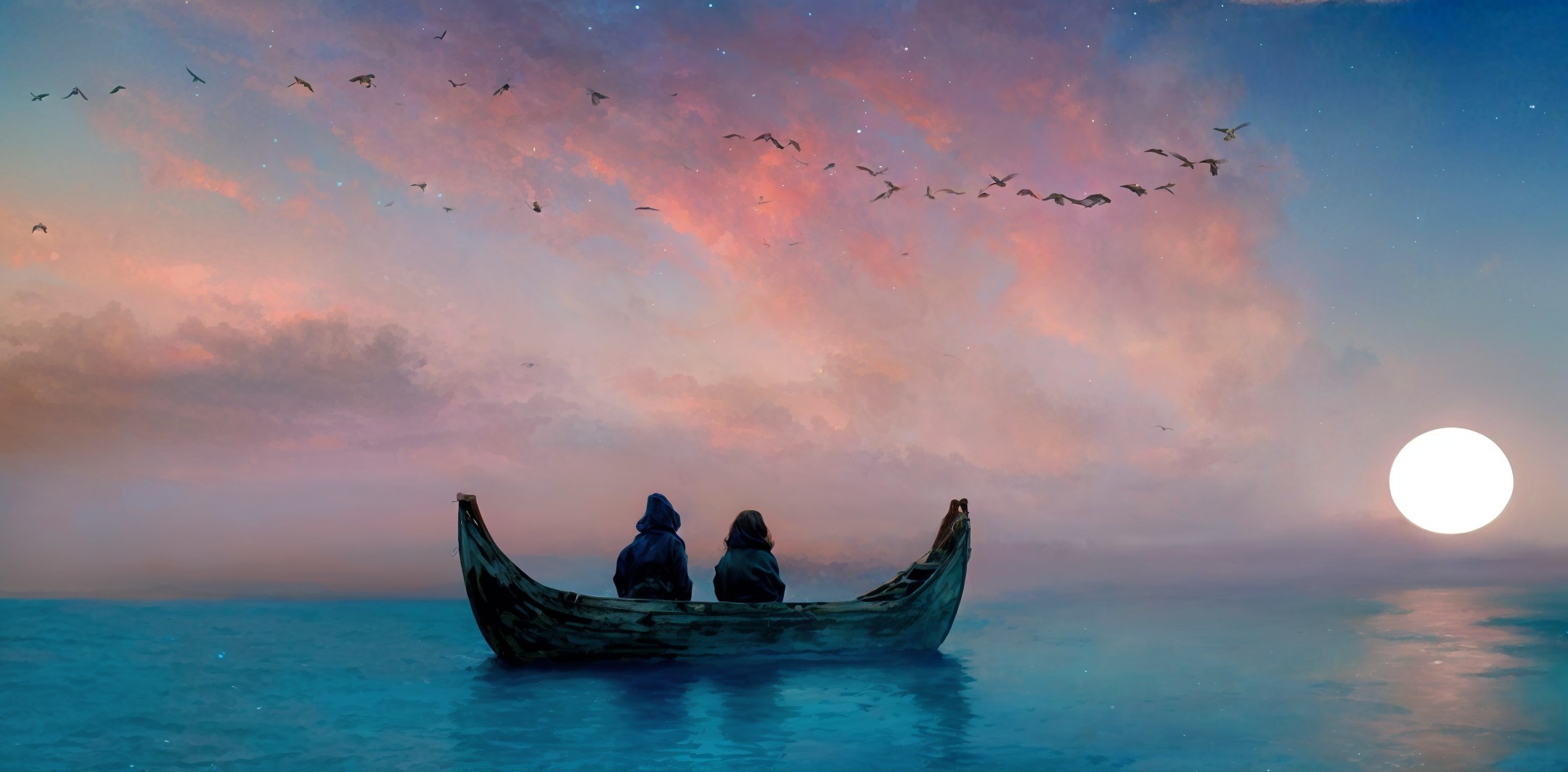 Twilight Scene of Cloaked Figures in a Boat