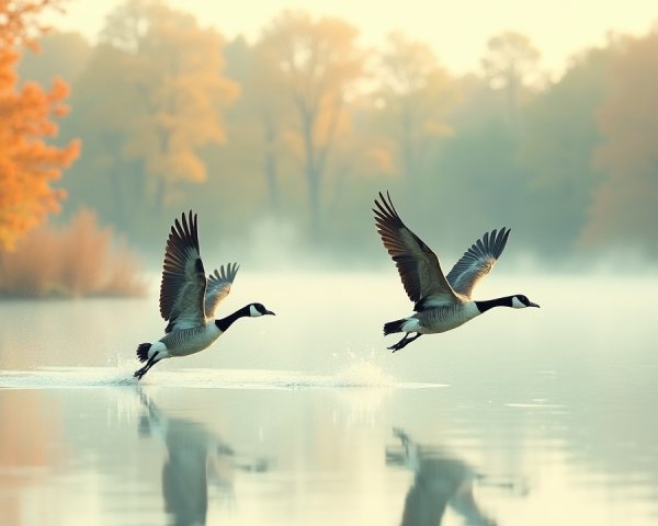 Canada Geese Flying Over Autumn Lake Landscape