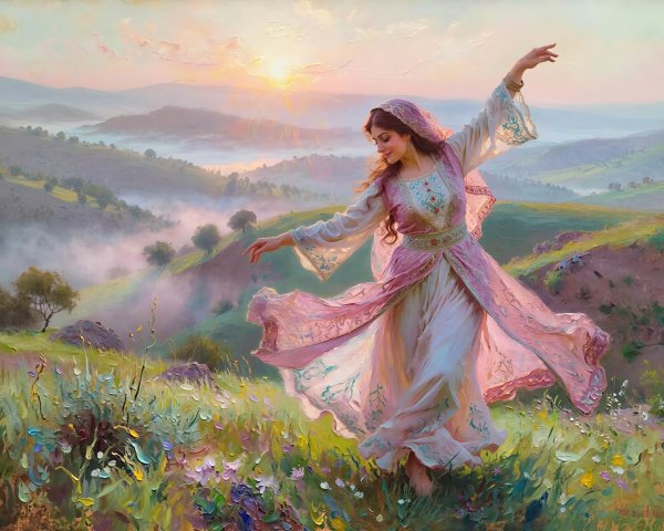Woman Dancing in Meadow at Sunset with Mountains
