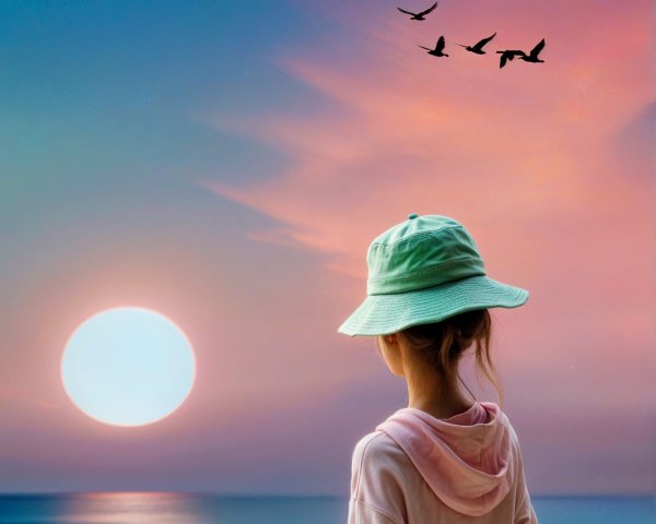 Young girl in pink hoodie by serene sunset ocean