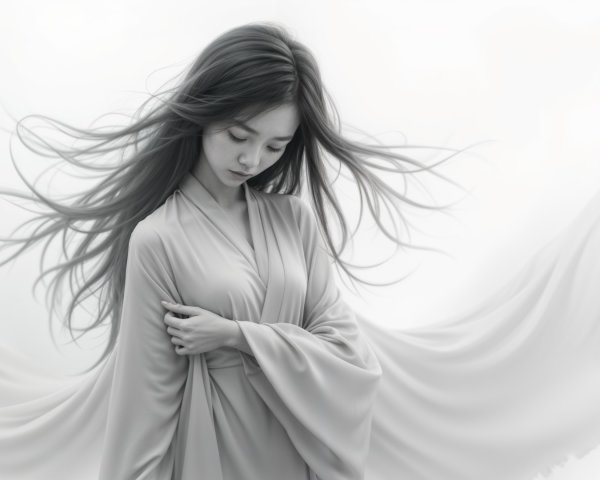 Serene figure in flowing garment with ethereal qualities