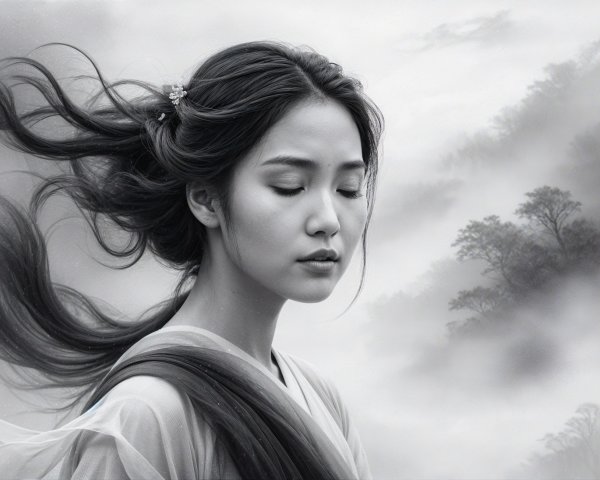 Portrait of a Young Woman in Black and White Serenity