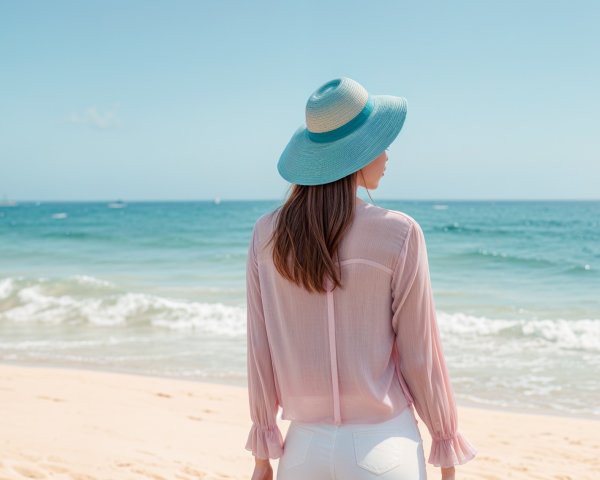 Woman in pink blouse on serene sandy beach