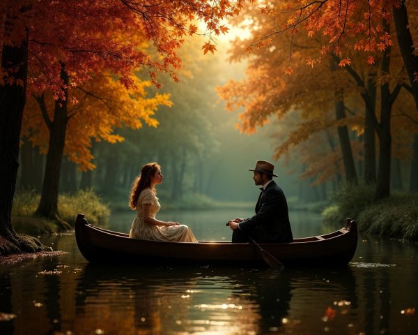 Couple in a Wooden Boat on a Calm Autumn River