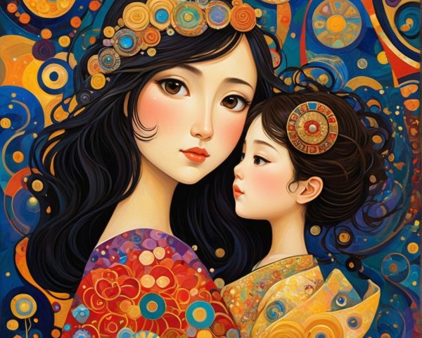 Vibrant Illustration of Woman and Girl in Traditional Garments