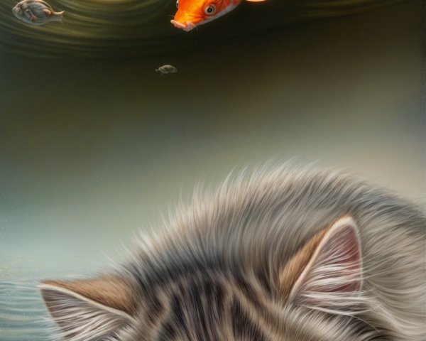 Content Cat Resting on Water with Koi Fish