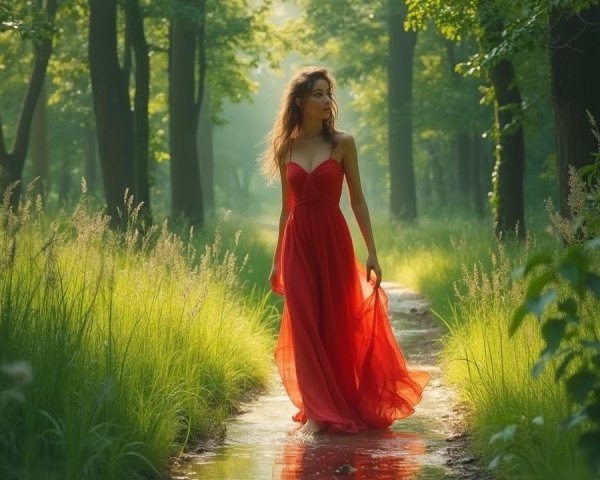 Serene Forest Pathway with Woman in Red Dress