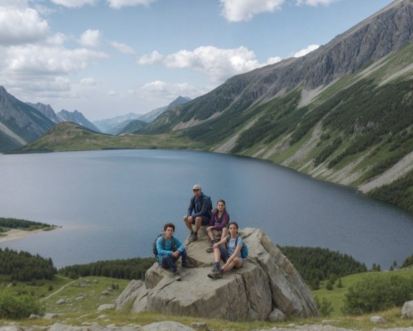 Hikers Relaxing by a Scenic Mountain Lake View