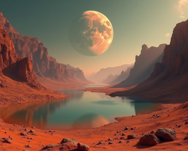 Surreal Landscape with Red Rocks and Illuminated Moon
