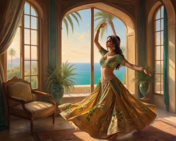 Indian Woman Dancing in Traditional Outfit with Ocean View