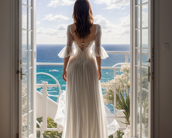 Woman in White Dress on Ocean View Balcony