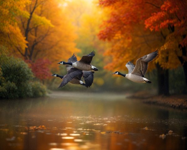 Geese Flying Over Autumn Foliage and Tranquil Pond