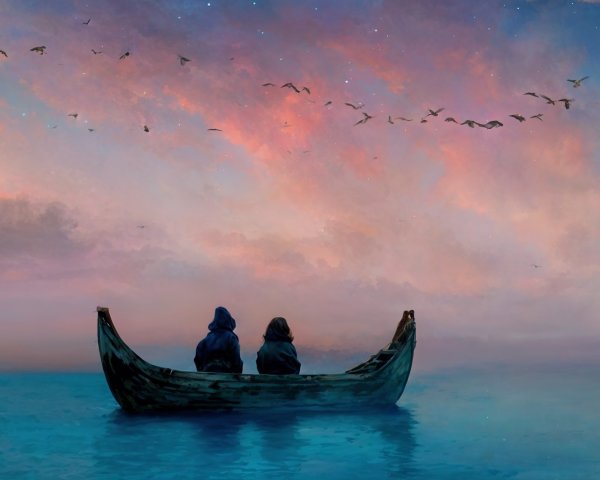 Twilight Scene of Cloaked Figures in a Boat