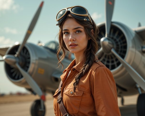 Young Woman in Aviator Outfit by Vintage Aircraft