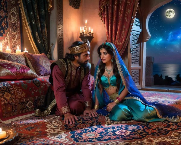 Couple in Middle Eastern Attire in Opulent Room