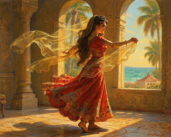Barefoot Woman Dancing in Traditional Red and Gold Outfit
