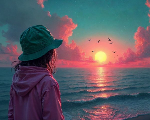 Person in Green Hat and Pink Hoodie at Sunset Beach