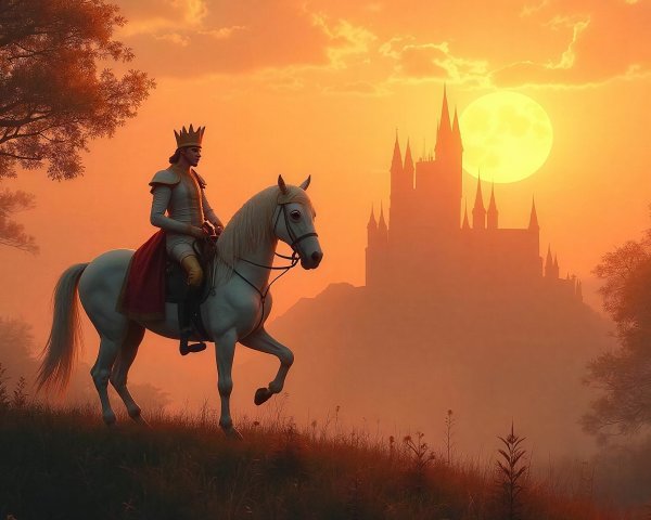 Majestic King on Horse Against Sunset and Castle