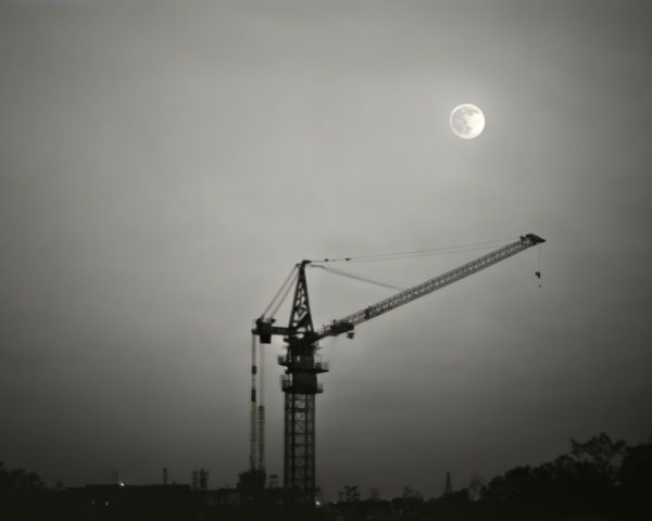 Construction Crane Silhouetted by Full Moon and Sky