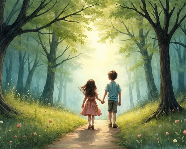 Young Children Walking in a Lush Forest Path