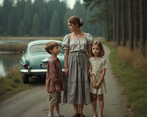 Woman and Children by a Lake in Vintage Outfits
