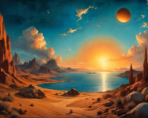 Desert Landscape at Sunset with Lake and Mountains