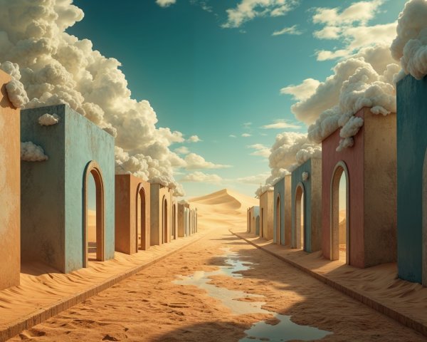 Surreal Desert Landscape with Colorful Arches and Clouds
