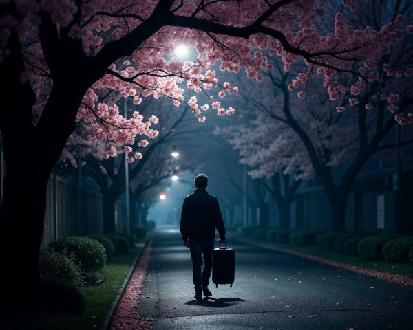 Solitary figure on a serene cherry blossom street