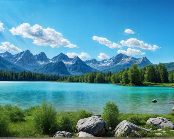 Serene Landscape with Turquoise Lake and Mountains