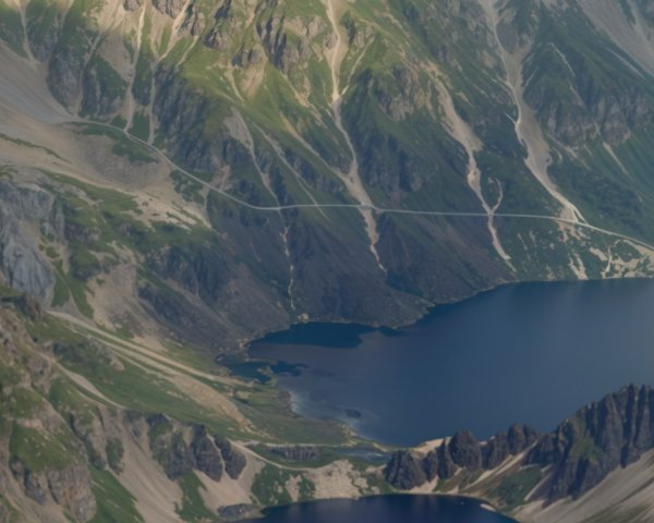 Aerial View of Mountains and Deep Blue Lake Landscape