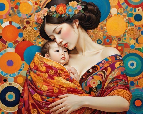 Mother and Infant Surrounded by Colorful Patterns