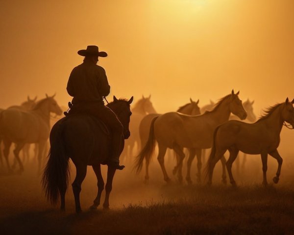 Cowboy Silhouette with Horses in Mystical Landscape