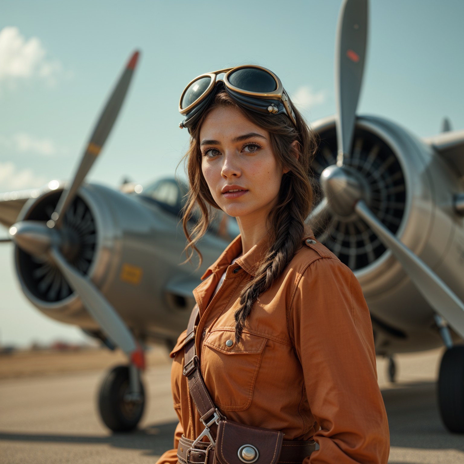 Young Woman in Aviator Outfit by Vintage Aircraft