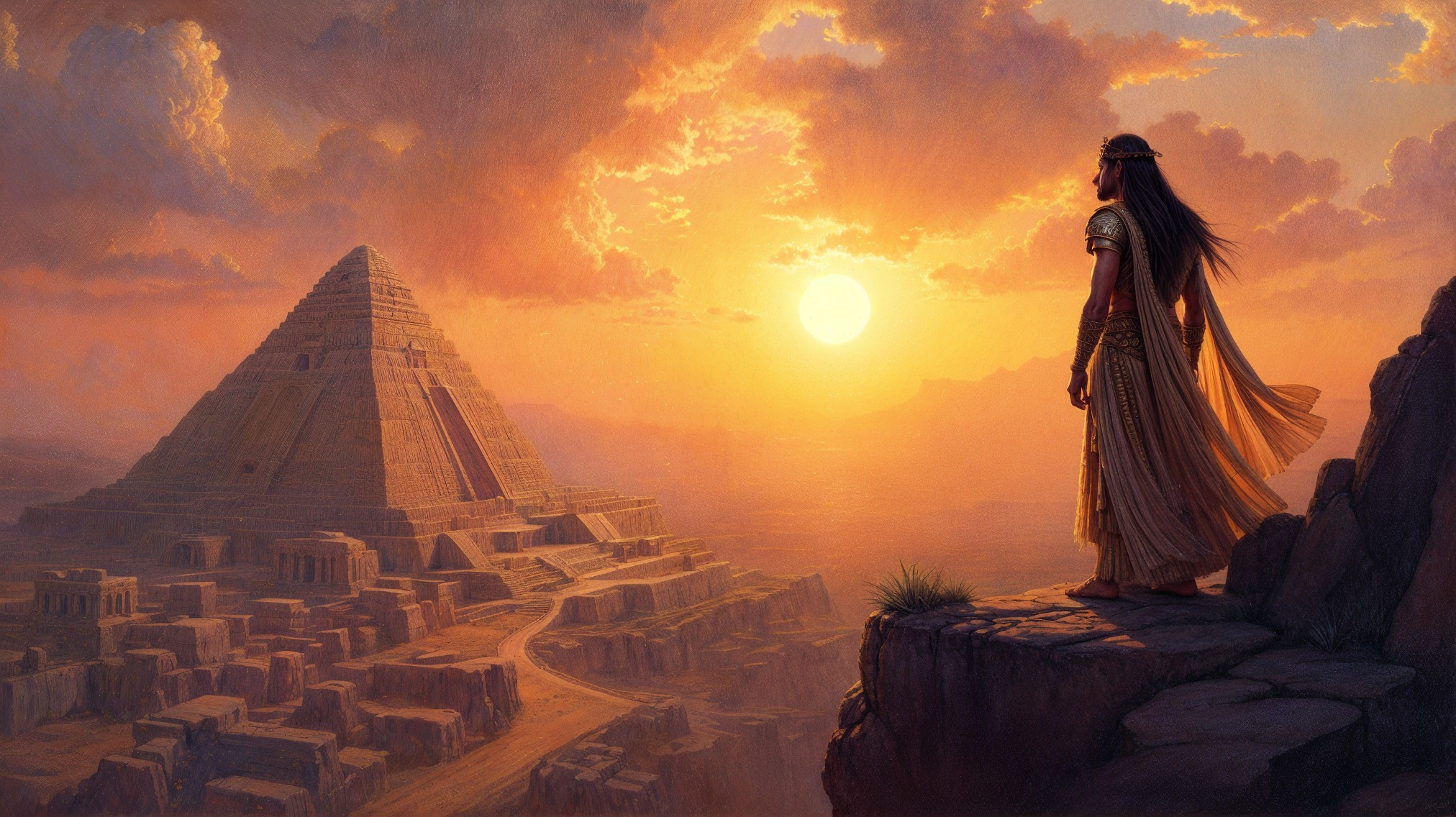 Majestic sunset over a pyramid and ancient ruins