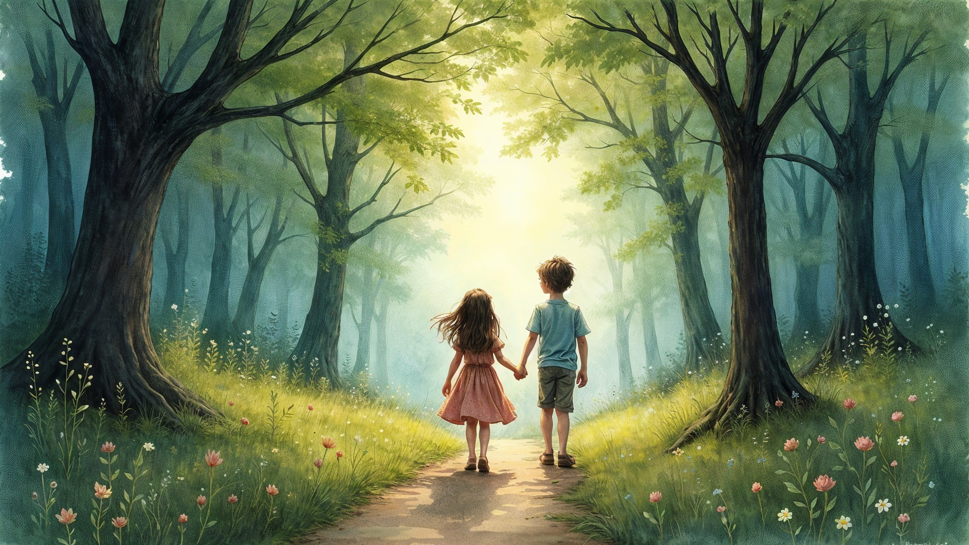 Young Children Walking in a Lush Forest Path
