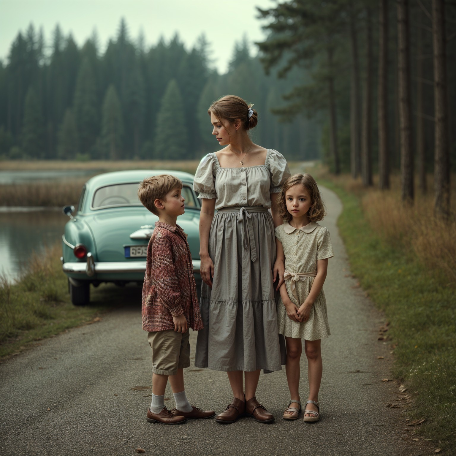 Woman and Children by a Lake in Vintage Outfits
