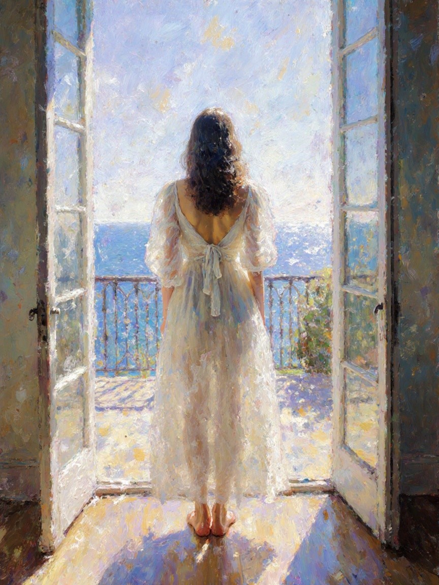 Woman in White Dress by Open Doors Overlooking Ocean