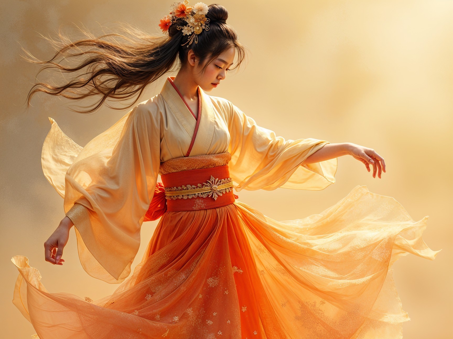 Graceful Woman in Flowing Kimono Against Golden Backdrop