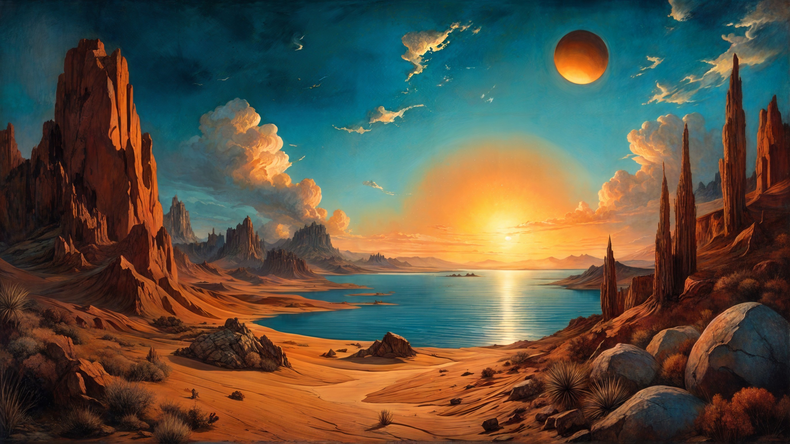 Desert Landscape at Sunset with Lake and Mountains