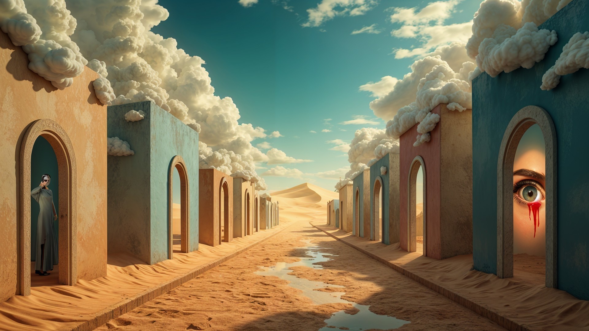 Surreal Desert Landscape with Colorful Arches and Clouds