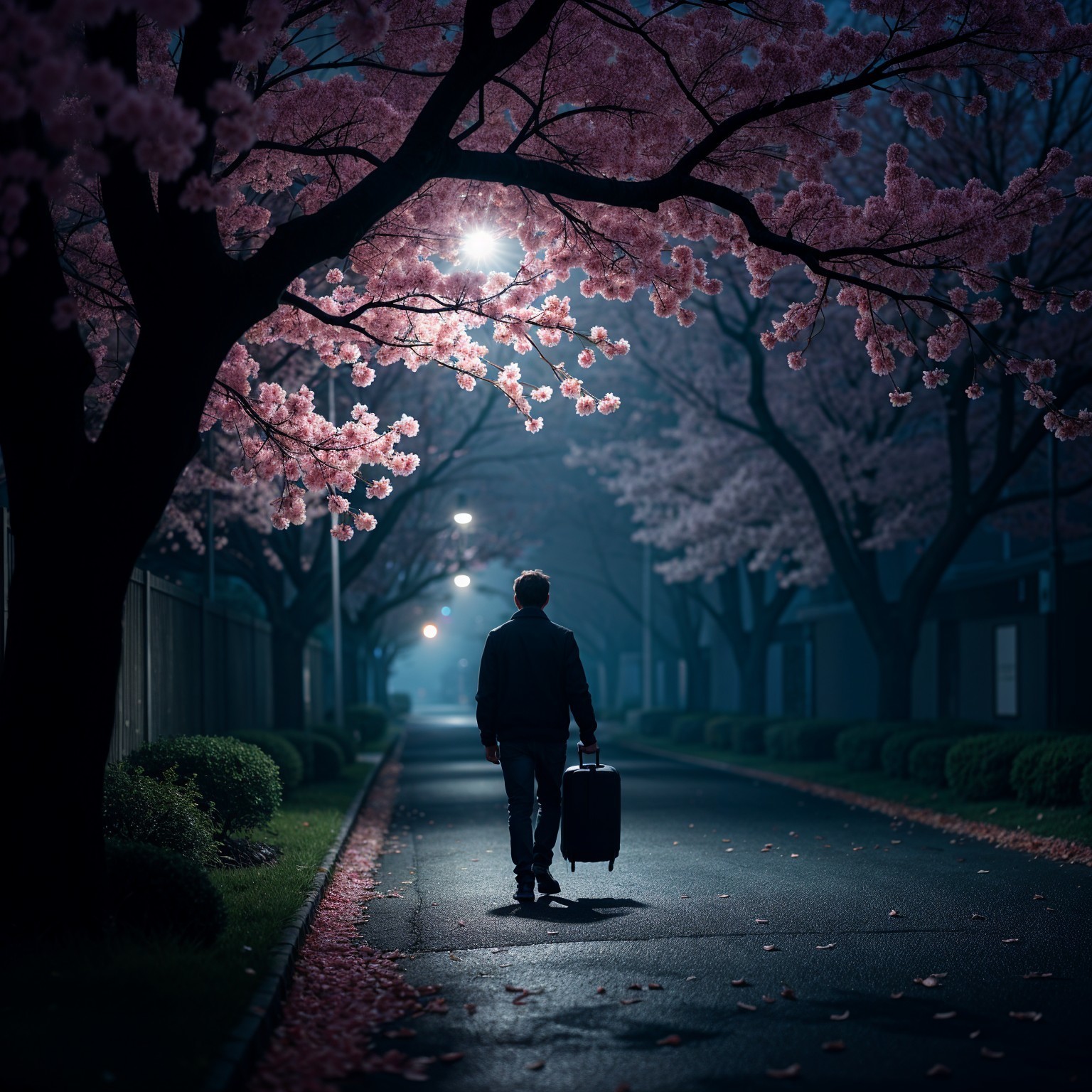 Solitary figure on a serene cherry blossom street