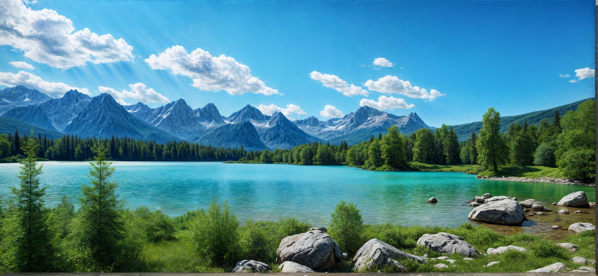Serene Landscape with Turquoise Lake and Mountains