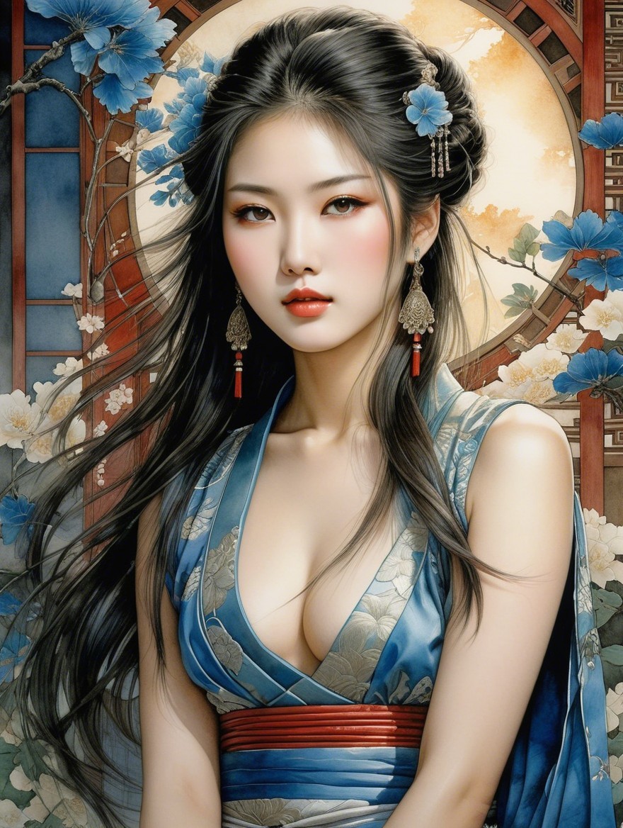 Portrait of a woman in blue traditional dress with flowers