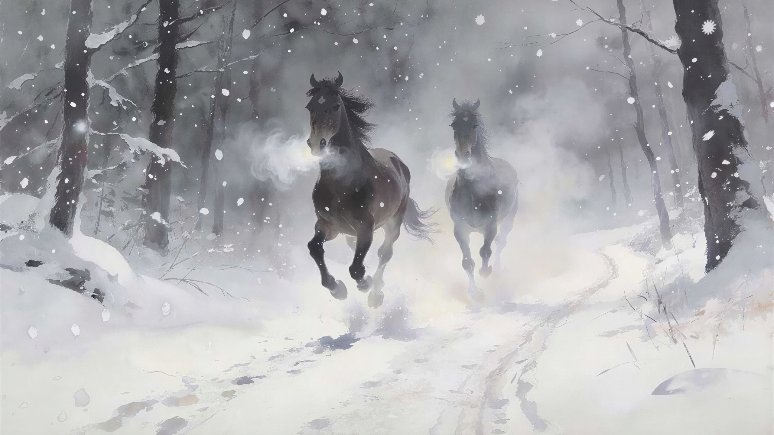 Horses Galloping Through a Snowy Forest Path