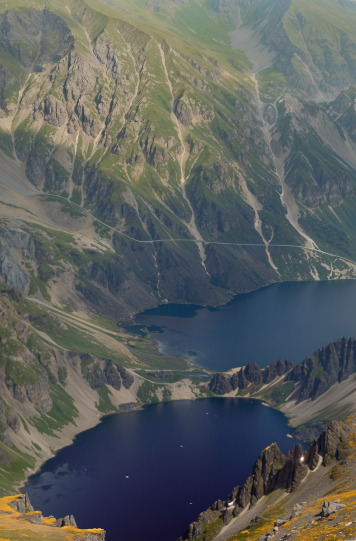 Aerial View of Mountains and Deep Blue Lake Landscape